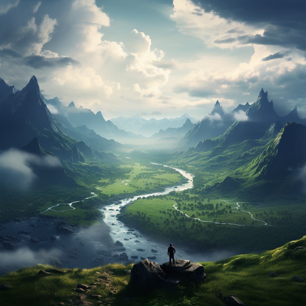 A lone traveler overlooks a vast green valley with a winding river
