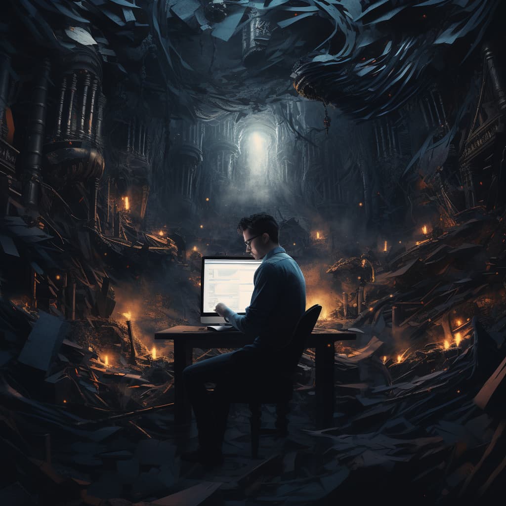 A writer surrounded by manuscripts and candlelight in a cavernous study